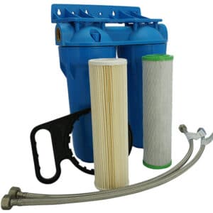 Picture of the twin inline under bench rainwater filter kit complete with mounting bracket, filter wrench, filters and optional chrome plumbing connections