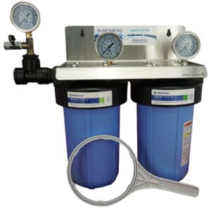 Picture of twin 10" big blue filter kit shown fully assembled complete with 3 optional pressure gauges